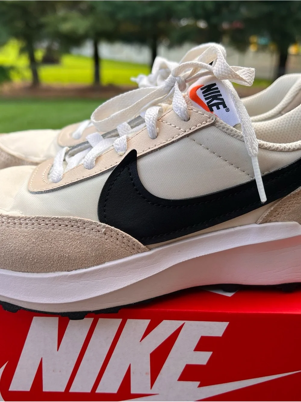 Women’s Nike Waffle Debut Sneakers - Black, Cream & Tan.